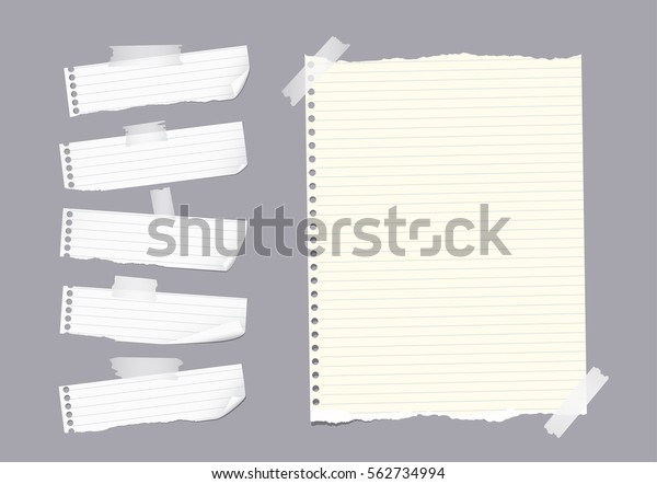 Ripped ruled note,\
notebook, copybook paper sheet, strips stuck with sticky tape on\
gray background