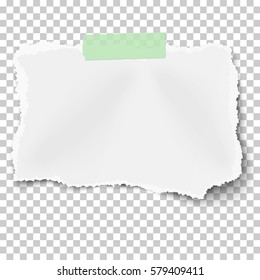 Ripped square paper scrap with soft shadow on piece of green sticky adhesive tape isolated on transparent checkered background. Template design.