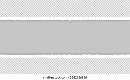 Ripped squared horizontal paper strips for your text or message. Torn paper edge with transparent style. Torn paper stripes top and from below. Vector illustration.