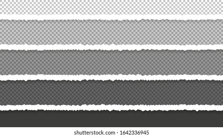 Ripped squared horizontal paper strips for your text or message. Four torn paper edge with different transparent style. Torn paper stripes top to bottom. Vector illustration.