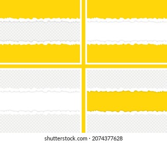 Ripped squared paper strips. Torn edge page horizontal  template. Torn paper stripes on yellow background. Vector illustration.