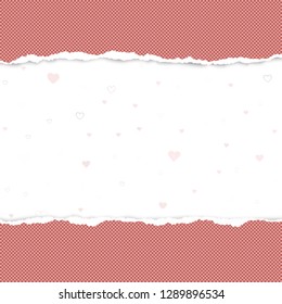 Ripped squared red horizontal paper for text or message are on white background with love, heart pattern. Vector illustration