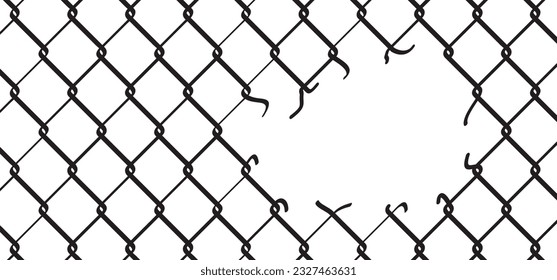 Ripped steel wire chain. Chainlink fence. Safety fence pattern. Seamless chain link fence netting torn. Wire mesh steel icon. Grid metal chain-link. Metallic wired fence pattern. Rabitz with hole.