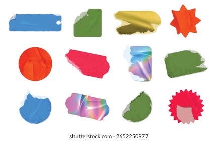 Ripped stickers. Old crumpled paper tags with torn worn out edges, textured distressed label sticker shapes and adhesive price tag isolated realistic vector set.