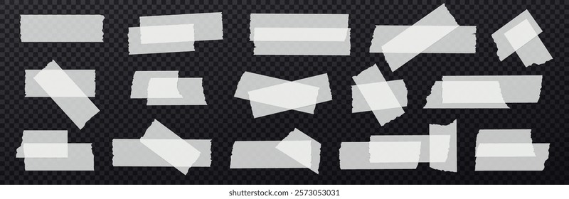 Ripped sticky tape. Set of white transparent adhesive tape. Torn pieces of paper tape different forms isolated on dark transparent background