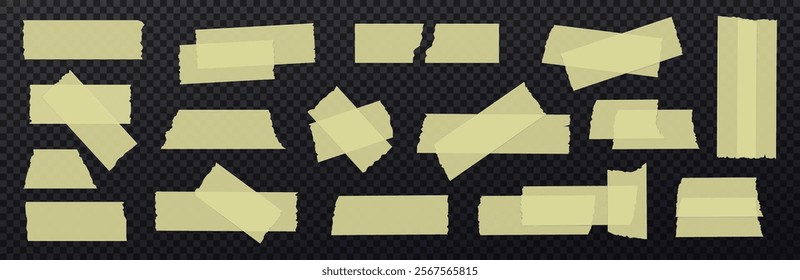 Ripped sticky tape. Set of yellow transparent adhesive tape different forms. Torn pieces of paper tape isolated on dark transparent background