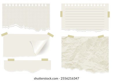 Ripped Texture Torn Paper pieces vector set. Crumpled Paper sheet with Ripped edges. Empty highlight Frame. Abstract Realistic set of ripped white paper sheets png isolated on white background.