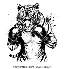 Ripped tiger with boxing gloves on white background, athlete.