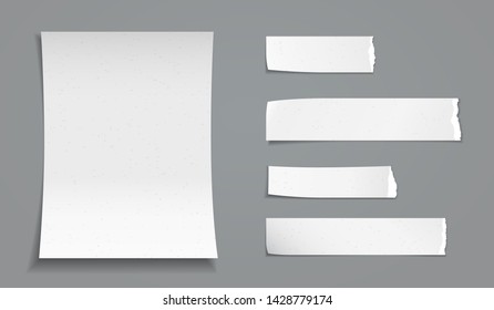 Ripped, torn note grainy paper strips with white notebook, copybook sheet stuck on dark grey background. Vector illustration