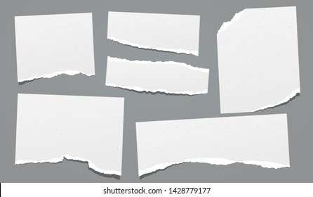 Ripped, torn note, notebook grainy paper strips, copybook sheet stuck on dark grey background. Vector illustration