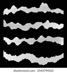 Bordas rasgadas de papel isoladas em preto. O white paper rasgou o plano de fundo da mensagem. Folha rasgada do conjunto de tiras de papel. Sucata de papel realista com bordas rasgadas. Nota adesiva, fragmentação de vetor de páginas de bloco de notas 