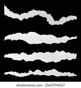 Bordas rasgadas de papel isoladas em preto. O white paper rasgou o plano de fundo da mensagem. Folha rasgada do conjunto de tiras de papel. Sucata de papel realista com bordas rasgadas. Nota adesiva, fragmentação de vetor de páginas de bloco de notas 