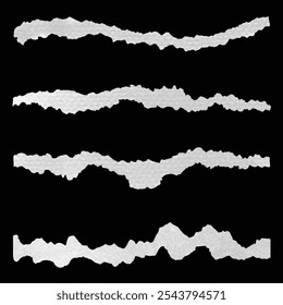 Bordas rasgadas de papel isoladas em preto. O white paper rasgou o plano de fundo da mensagem. Folha rasgada do conjunto de tiras de papel. Sucata de papel realista com bordas rasgadas. Nota adesiva, fragmentação de vetor de páginas de bloco de notas 