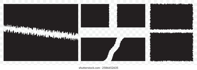 Ripped torn paper edges isolated on black and white background. Realistic White Torn paper Ripped edge scraps booking in center , space for copy text. EPS 10.