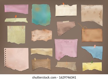 Ripped torn for scrapbook faded colorful pieces paper pinned to cardboard realistic retro vintage set vector illustration