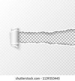 Ripped transparent checkered sheet of paper. Paper pattern with  soft shadow and checkered background in the resulting window. Vector illustration