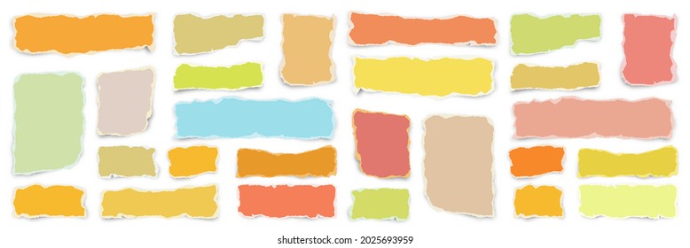 Ripped various colorful paper strips. Realistic crumpled paper scraps with torn edges. Shreds of notebook pages. Vector illustration.