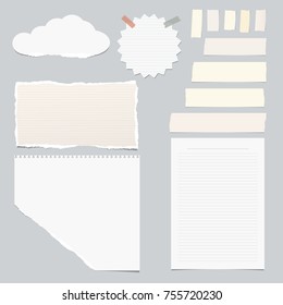 Ripped vector notebook, note paper, cloud shape, sticky, adhesive tape for text or message on gray background.