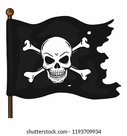 ripped vector pirate flag on mast with evil skull sign behind scratched bone on black background. Black, gray, helloween, dead.
