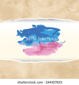 Ripped vintage paper texture with abstract colorful watercolor brushed background. Vector illustration.