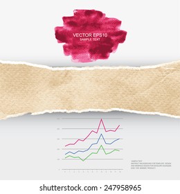 Ripped vintage paper texture with business graph and abstract watercolor brushed. Vector infographic background for template design.