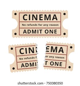 Ripped vintage paper ticket stub. Vintage tickets to the cinema on a white background. Vector illustration