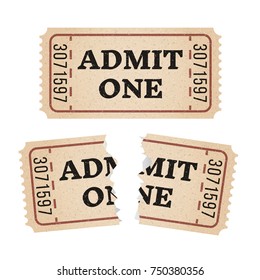 Ripped Vintage Paper Ticket Stub. Vintage Tickets To The Cinema On A White Background. Vector Illustration