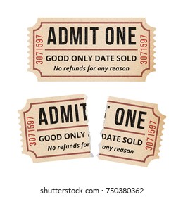 Ripped vintage paper ticket stub. Vintage tickets to the cinema on a white background. Vector illustration