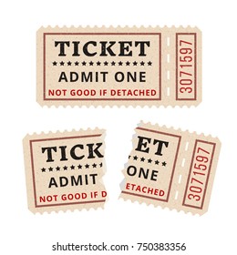 Ripped vintage paper ticket stub. Vintage tickets to the cinema on a white background. Vector illustration