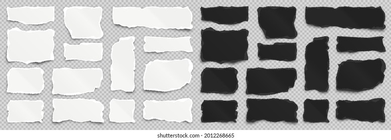 Ripped white and black paper strips on transparent background. Realistic crumpled paper scraps with torn edges. Shreds of notebook pages. Vector illustration.