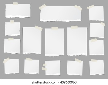 Ripped white blank note paper are stuck on gray background