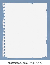 Ripped White Blank Notebook Paper Is On Striped Blue Table Surface.