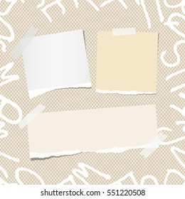 Ripped white and brown note, notebook, copybook paper strips on pattern created of alphabet letters