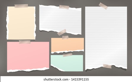 Ripped white and colorful note, notebook paper strips stuck wiht sticky tape on dark grey background. Vector illustration