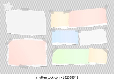 Ripped white, colorful note, notebook, copybook paper sheets stuck with sticky tape on squared gray background and star on corner