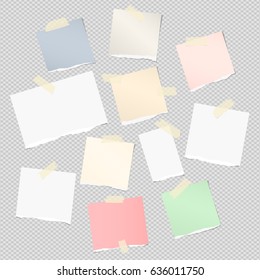 Ripped white, colorful note, notebook, copybook strips stuck with sticky tape on light gray background