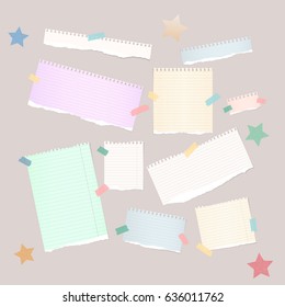 Ripped white, colorful note, notebook, copybook strips stuck with sticky tape and stars on light brown background