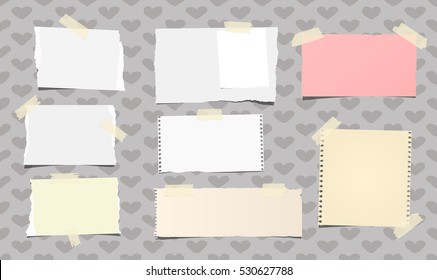 Ripped White And Colorful Notebook, Note Paper Stuck With Beige Sticky Tape On Pattern Created Of Heart Shapes