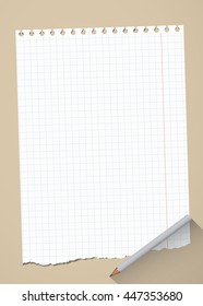 Ripped white grid notebook paper sheet are on brown background with gray wooden pencil