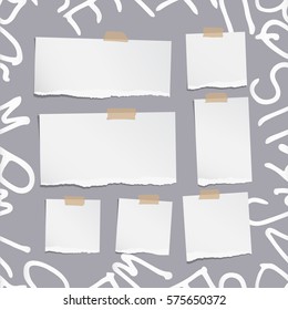 Ripped white note, notebook, copybook paper sheets on pattern created of alphabet letters