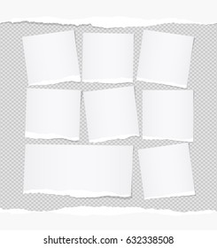 Ripped white note, notebook, copybook paper sheets stuck on squared gray background