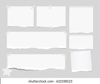 Ripped white note, notebook, copybook paper sheets stuck with sticky tape on squared gray background and star on corner