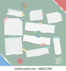 Ripped white note, notebook, copybook strips stuck with colorful sticky tape, stars on squared green background and torn paper on corners