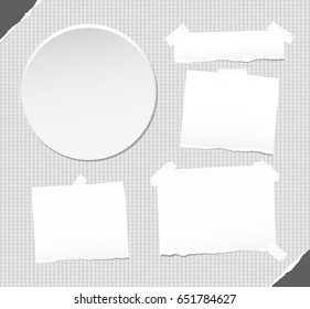 Ripped white note, notebook, copybook stuck with sticky tape on squared background, ripped paper in corners, circle badges, buttons.