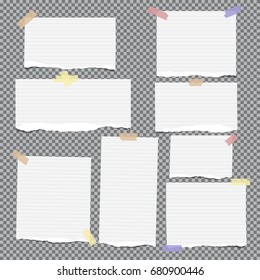 Ripped white note, notebook, copybook strips stuck with sticky tape on grey squared background.