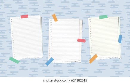 Ripped white notebook, copybook paper sheets stuck with colorful sticky tape on blue rounded lines pattern