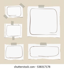 Ripped white notebook, note, copybook paper sheets with doodle frames, stuck on brown squared background