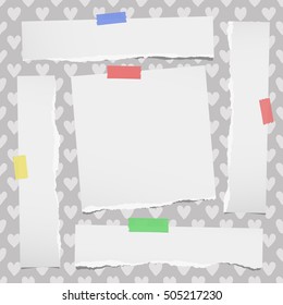 Ripped white notebook, note paper stuck on pattern created of heart shapes.