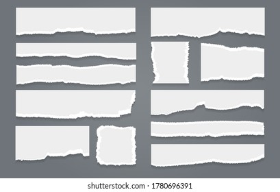 Ripped white paper sheet set. Torn page pieces, crack in notebook elements, vector illustration of ragged edges of blank shredding papers isolated on gray background