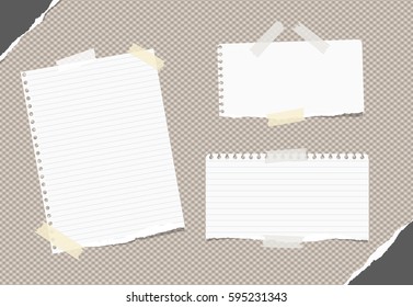 Ripped white ruled, blank note, notebook, copybook sheets stuck with white sticky tape on brown squared pattern, torn paper in corners